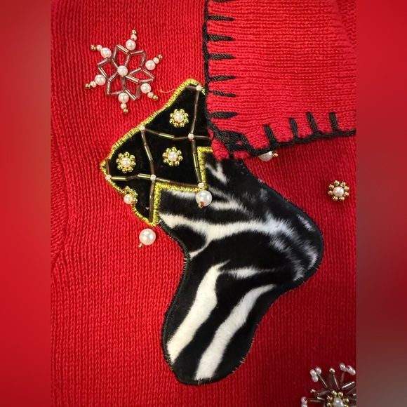 Vintage Nutcracker Christmas Cardigan Sweater Red Animal Print Stockings medium - Picture 10 of 16